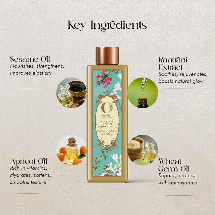 Raatrani & Mint Shower Oil- Deep Nourishment OHRIA AYURVEDA