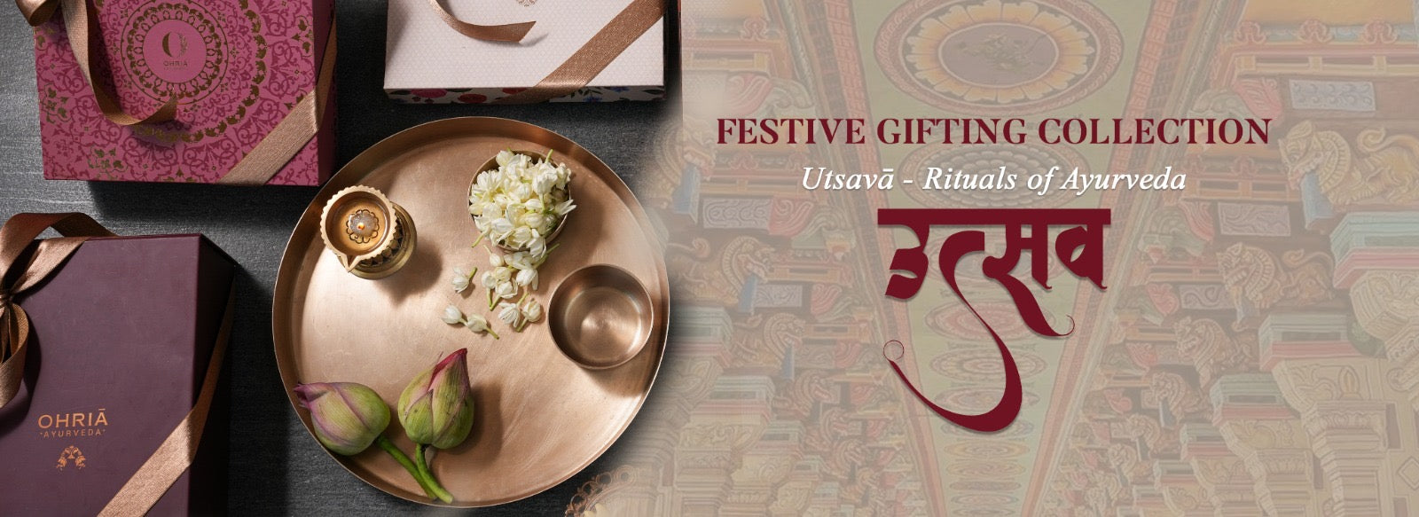 Festive gifting collection with decorative items and a brand logo on a textured background.