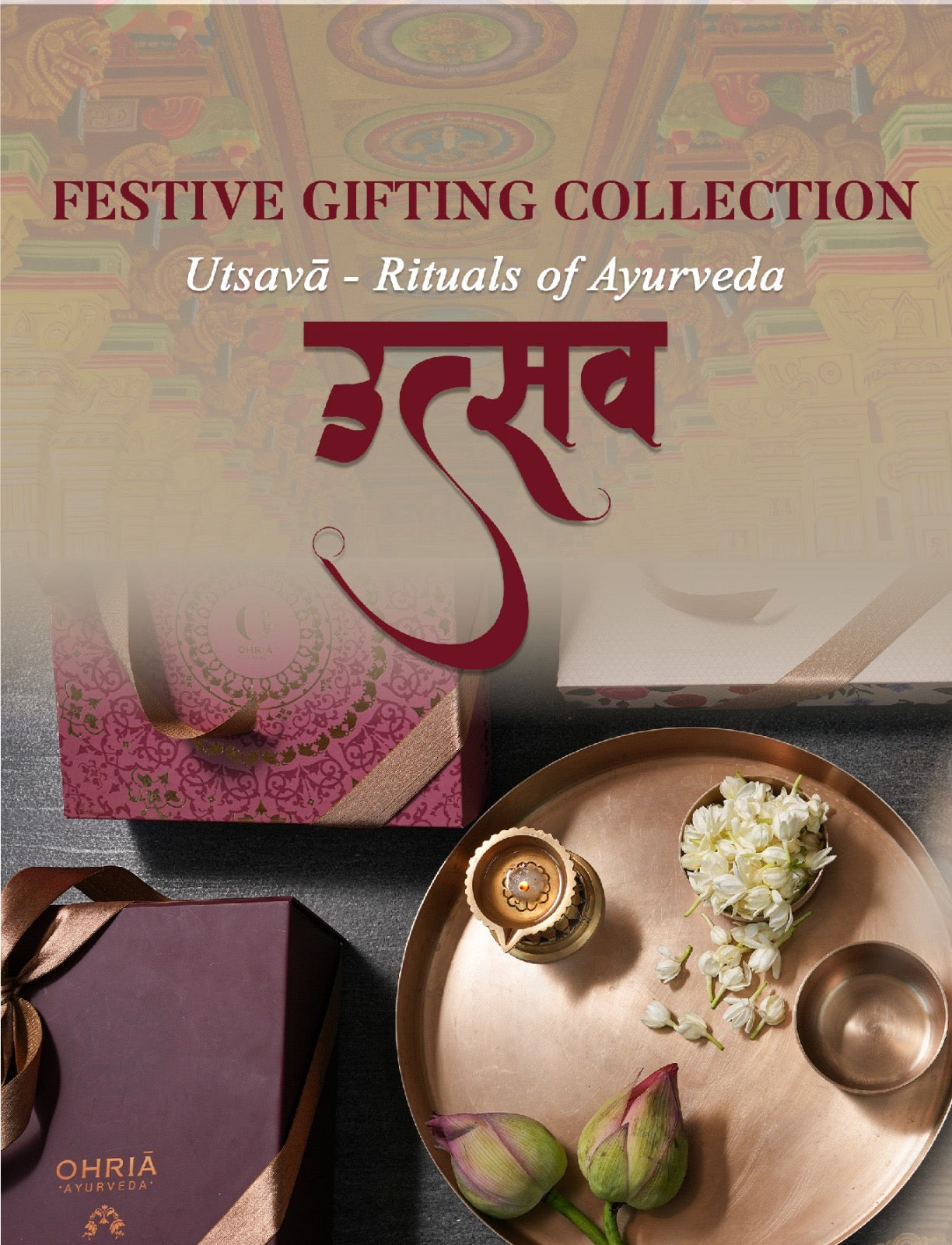 Festive gifting collection with 'Utsava - Rituals of Ayurveda' theme, featuring a decorative tray and boxes.