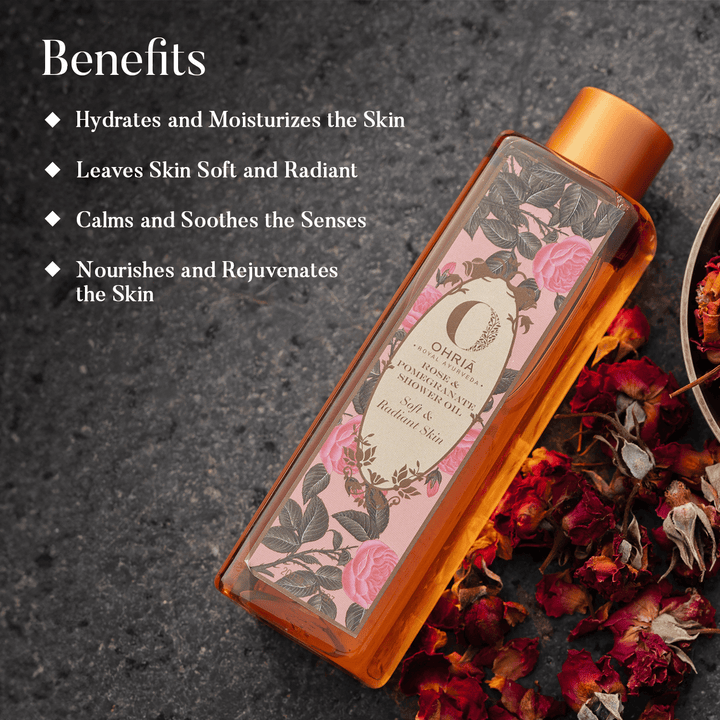 Benefits of Rose & Pomegranate Shower Oil - OHRIA AYURVEDA